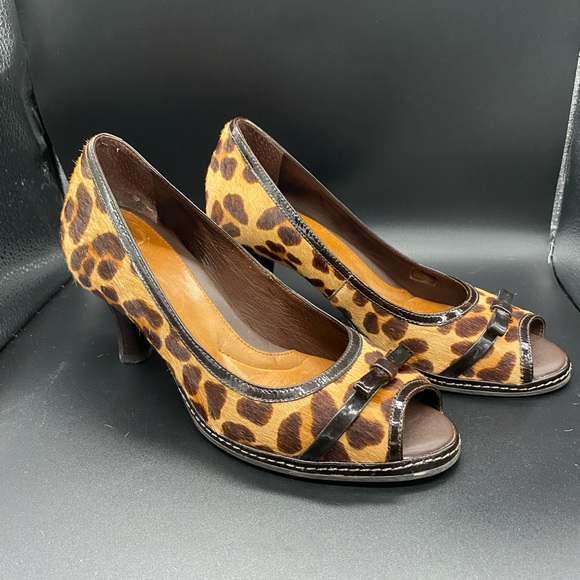 🍂🍁Nurture Women’s Sandee PeepToe Pump Brown Leopard Calf Hair Leather 8.5 - Picture 2 of 8